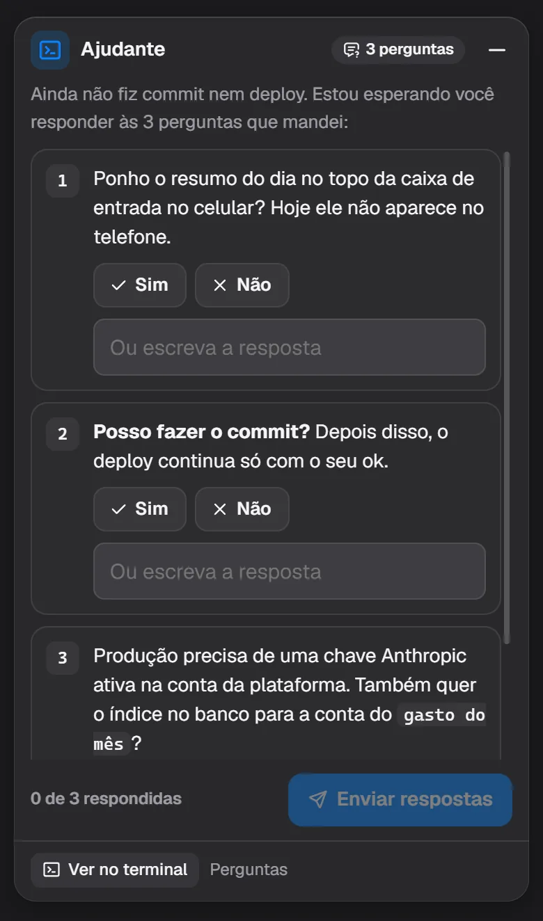 Ponte remota aberta no iPhone mostrando as três perguntas de um agente para responder pelo celular.